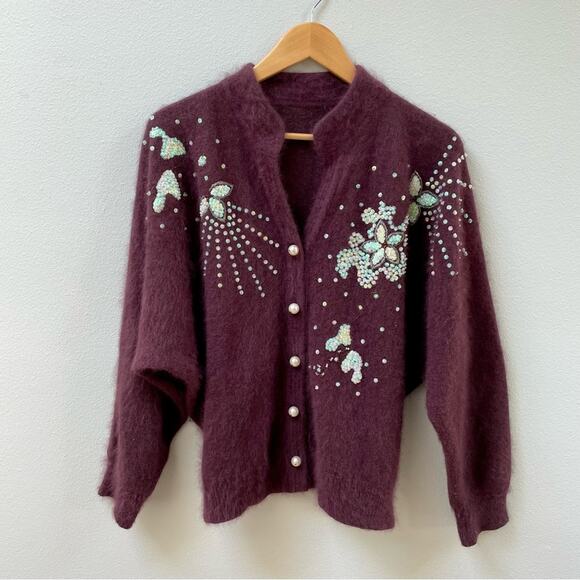 Vintage Angora Cardigan Sweater Oversized Knit w/ Beaded Sequins Women's Small - Picture 2 of 9